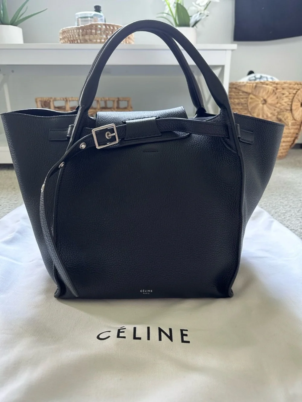 Celine Black Pebbled Leather Tote with Top Handles - Picture 3 of 11